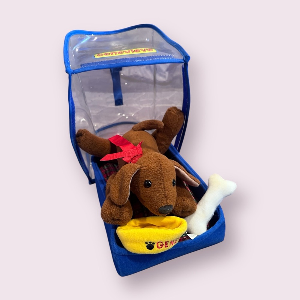 Vintage 2002 Madeline's Dog Genevieve Plush, Carrier, Bone And Bowl Set